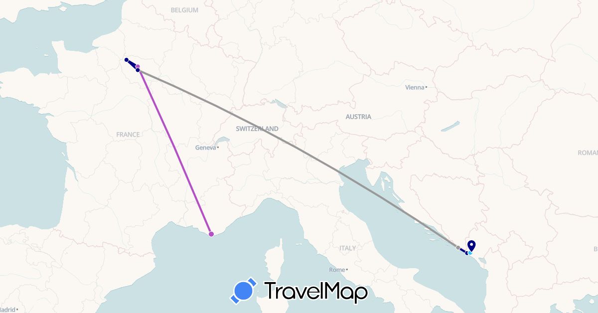 TravelMap itinerary: driving, plane, train, boat in France, Croatia, Montenegro (Europe)