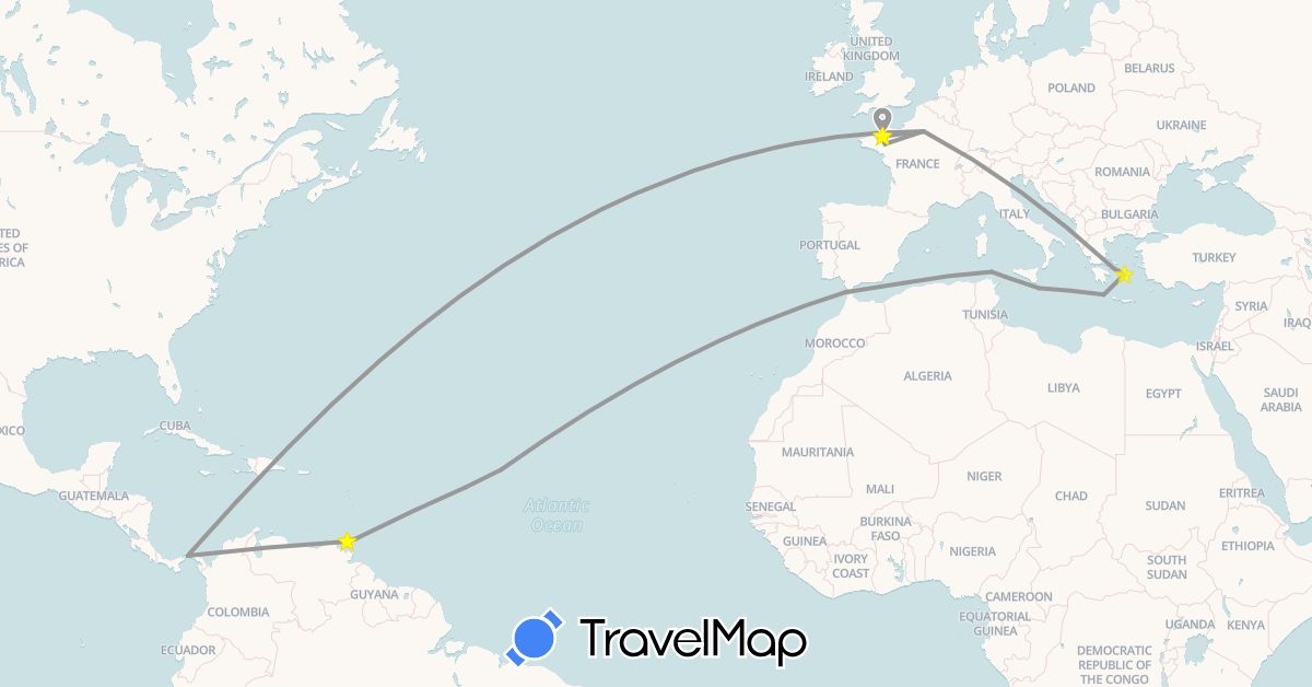 TravelMap itinerary: driving, bus, plane in Algeria, Spain, France, Greece, Panama, Trinidad and Tobago (Africa, Europe, North America)